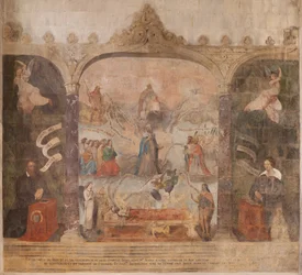 Kirke (Sankt Johannes Døberens Kirke). Indre. Kapel Saint-Fursy. Vægmalerier. Forherligelsen af ​​Maria (fresko kendt som den gode død). Begynd det 17. århundrede.