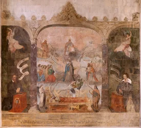 Kirke (Sankt Johannes Døberens Kirke). Indre. Kapel Saint-Fursy. Vægmalerier. Forherligelsen af ​​Maria (fresko kendt som den gode død). Begynd det 17. århundrede.