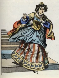 Askepot flygter fra bolden, dukker hendes glassko op. Illustration af Charles Perraults fortælling "Askepot eller La petite slipper de verre"