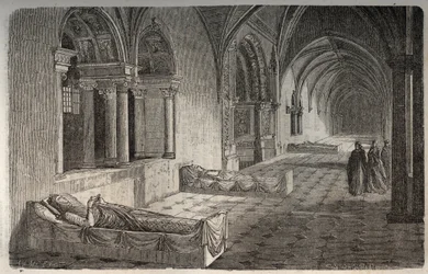 Cloister of Fontevrault med statuer af Henri II - Eleonore de Guyenne - indgravering i "Histoire de France" af Victor Duruy (1811-1894) - 1882