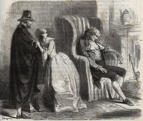 Clotilde Sprengel og Zacharie Bergmann ser den tyske læge Petrus Schultz sovende foran det 18. århundrede. Indgravering fra 1871 i "Histoire Des Cocuses Celebres"" af Henry de Kock (1819-1892).