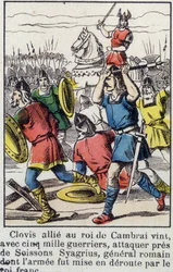 Clovis, allieret med kongen af Cambrai, kom, med 5000 krigere, for at angribe nær Soissons Syagrius, den romerske general, hvis hær blev besejret af den frankiske konge.