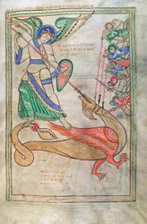 Torsk. Gulf. 1 Gud. lat. 15r, Saint Michael Fighting the Dragon, fra Liber Floridus af Lambert de Saint-Omer c.1120