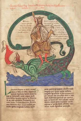 Cod. Guelf. 1 Gud. lat. 42r, Antikrist ridende på Leviathan, fra Liber Floridus af Lambert de Saint-Omer, ca. 1120