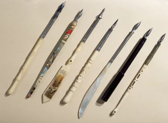 Samling af penneholdere, begyndelsen af det 20. århundrede (elfenben, perlemor og træ)
