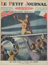Oberst Charles Lindbergh (1902-74) ved sin ankomst til Le Bourget Lufthavn efter den første transatlantiske flyvning fra New York til Paris den 21. maj 1927, forside af Le Petit Journal, 5. juni 1927 (kol.
