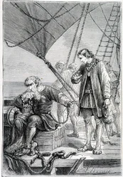 Columbus bundet som skurk (på skibsdæk), ill. "" Discovery de la Terre "" af Jules Verne, red. Hetzel, n.d. 19.