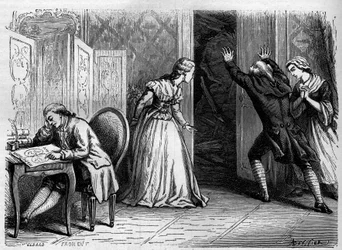 Comedie Francaise: repræsentation af "" Sværdets Abbe"" af Jean Nicolas (Jean-Nicolas) Bouilly (1763-1842). Stik fra 1867-1868.
