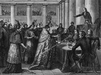 Konkordat af 1801 - Underskrift af konkordatet mellem Frankrig (i nærværelse af Napoleon Bonaparte) og Saint Siege (Saint Siege) (gravering)