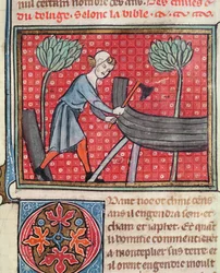 Konstruktion af en båd, fra Bible Historiale af Guiart des Moulins