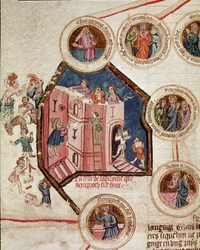 Byggepladsen for Babelstårnet i Babylon Side taget fra manuskriptet "Genealogy de la Bible" fra den franske skole. 14. århundrede Cremone, biblioteca governativa