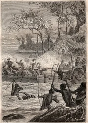 Fortsat med pile: Rejsen af ​​Philip Carteret eller Philippe de Carteret (1733-1796) på øen Santa Cruz, i 1767 - illustration taget fra "The Great Mariners of the 18th