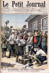 Fanger i Sibirien bliver indkaldt til at kæmpe i den russisk-japanske krig. Russisk-japanske krig. En stigning af forcats i de russiske bagnes i Sibirien. Illustration til Le petit Journal, 27. august 1905.