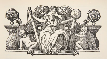 Kopi af en omslagsillustration fra Theatrum Instrumentorum de Besson, kopi af Boris Mestchersky (d.1957) illustration fra Histoire de la Nation Francaise, Sciences, bind I & II, af Gabriel Hanotaux