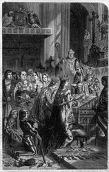 Kroningen af kejser Otto 1. (912-973) ved pave Johannes 12. i 962. Stik i „Pavernes, kongernes, dronningernes og kejsernes historie gennem århundrederne“ af Maurice La Châtre.