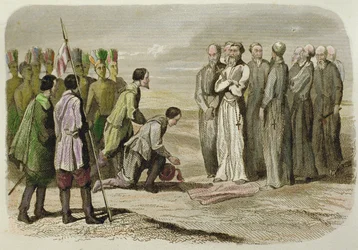 Cortes ved fødderne af Martin de Valencia (håndfarvet gravering)