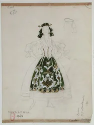 Kostumedesign til operaen Cavalleria Rusticana af Pietro Mascagni (1863-1945) (blyant og wc på papir)