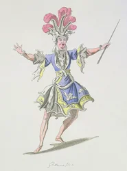Kostumedesign til tryllekunstneren, i Dardanus, en libretto af Leclerc de Labruere, komponeret af Jean-Philippe Rameau (1683-1764) faksimile af A. Guillaumot Fils (farvestik)
