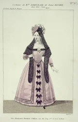 Kostume til Mademoiselle Dorus i rollen som Donna Elvira i Don Giovanni, graveret af Maleuvre, trykt af Hautecoeur-Martinet