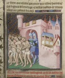 Bomuld Nero E. II pt.2, f.20v Udvisning af albigenserne fra Carcassone i 1209, fra 