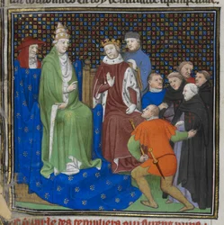 Cotton Nero E II pt2 fol.100v Tempelherrerne før Philippe IV (1268-1314) og Pave Clemens V (c.1260-1320), fra 