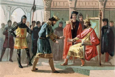 Grev Louis de Crecy, truet af indbyggerne i Kortrijk, bad om hjælp fra kongen af Frankrig Charles Le Bel (1294-1328). Kromolitografi omkring 1890.