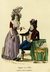 Par i mode fra 1792. Farvestik efter tegningen af Harlems kabinet, i “France et les francais a travers les siecles”” af Augustin Challamel, F.Roy redaktør, Paris 1882. Selva Collection.