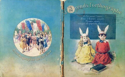 Forsideillustration og bagside af en fransk skolebog om skrivning, udgivet af Hachette i Paris, 1905