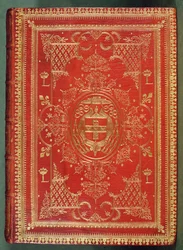 Omslag til en bog ejet af kardinal Mazarin, med finishen viser kardinalernes arme af stjerner og fasces, overvundet af en kardinals galerohat og kvaster (læder og forgyldning)