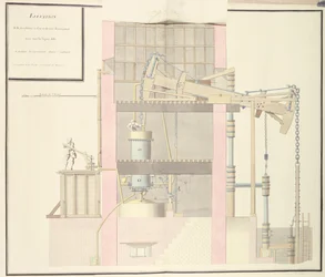 Tværsnit af en dampmaskine til at udvinde vand fra miner, ca. 1760 (pen & blæk og wc på papir)
