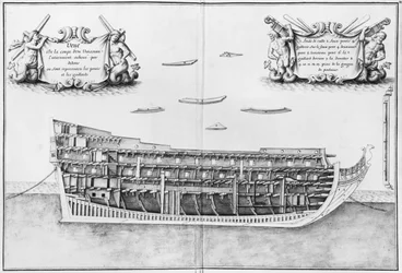 Tværsnit af den fuldstændigt færdige inderside af et fartøj, illustration fra Atlas de Colbert, plade 37