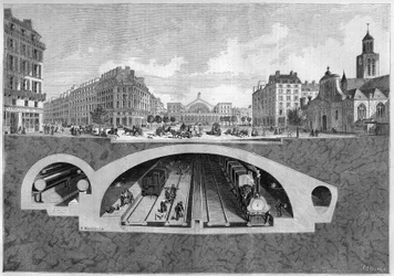Tværsnit, der repræsenterer det underjordiske jernbaneprojekt i Paris, fra Vilette til de centrale haller, i 1861. Indgravering i "" Le Monde Illustré"" nr. 213 af 11. maj 1861.