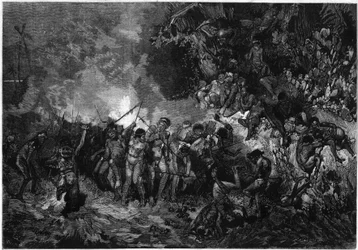 Skik i Ny Kaledonien: Pilou pilou (Pilou-pilou), traditionel Kanak-dans. Indgravering i "" Le Monde Illustré"" nr. 772 af 27. januar 1872.