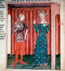 Kong Arthurs cyklus: Ridder Lancelot du Lac og dronning Guenievre. Miniature fra manuskriptet "" La quete du saint grail"" (ms. fr 343 fol. 6) 1380-1385 Paris B.N.