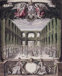Dans i en formel have fra en samling med titlen Les Menus Plaisirs du Roi (pen & blæk og wc på papir)