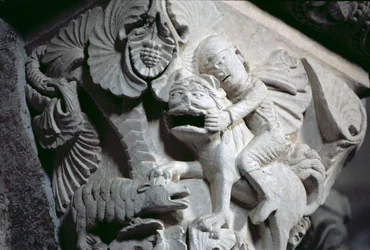 David Slaying the Lion (detalje af en hovedstad) c.1130 (sten)