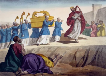 David eskorterer Pagtens Ark til Jerusalem, illustration fra en katekismus LHistoire Sainte, udgivet af Charles Delagrave, Paris, slutningen af det 19. århundrede