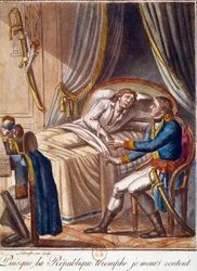 General Hoches død den 17. september 1797: "Da republikken triumferer, dør jeg tilfreds" Stik fra det 18. århundrede Privatsamling