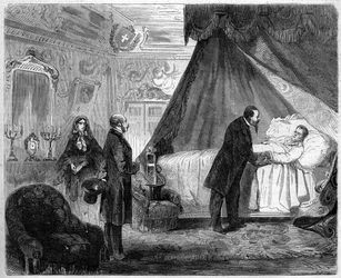 Greven af Cavours død, 6. juni 1861: Kongen af Italien Victor Emmanuel II (Victor-Emmanuel) (Vittorio Emanuele) (1820-1878) besøger Camillo Benso, greve af Cavour (1810-1861), dagen før hans død. Indgravering i "" Le Monde Illustré"" nr. 218 af 15. jun