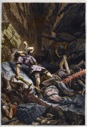Ridderen Rolands død, Karl den Stores nevø, i slaget ved Roncevaux (778) mellem Karl den Stores hær og saracenerne - Rolands død i slaget ved Roncevaux-passet, 778 - gravering fra «Histoire de France racontée à mes grands-enfants»