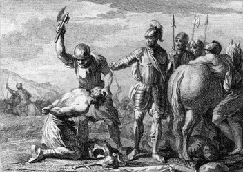 Halshugningen af Syagrius, 486: henrettelse af den romerske general Syagrius (430-486), besejret i slaget ved Soissons af Klodvig 1.s tropper. Kobberstik fra det 18. århundrede.
