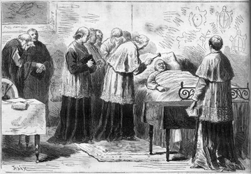 Deces af pave Pius IX (Pio) (1792-1878): ritual for anerkendelse af pavens død. En kardinal slår den afdødes pande med en sølvhammer. Indgravering i "" Le Monde Illustré"" nr. 1089 af 16. februar 1878.