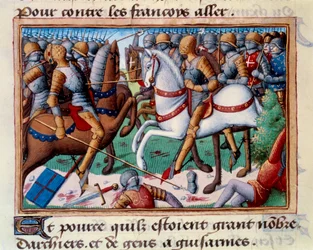 Hertugen af Clarences nederlag ved Grand-Baugy i Anjou (1421). Miniature i "" Vigiles du roi Charles VII"" (Folio 24v) af Martial d