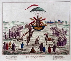 Afgang fra satireflyvende skib på den flyvende maskine forestillet af Jean-Pierre Blanchard (1753-1809): æsler, aber og blinde ser på den mærkelige maskine udstyret med seks vinger og et ror. Stik fra slutningen af 1700-tallet. Paris, Musée Carn