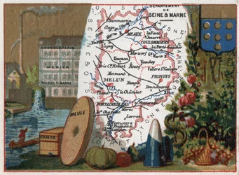 Department of Seine and Marne (Seine-Et-Marne, 77), Ile de France (Ile-De-France), Frankrig. Lokal specialitet: chokoladefabrikken Menier chocolaterie i Noisiel sur Marne (Noisiel-sur-Marne), glasvarer, møllesten. Serie om de franske departementer. Chromol