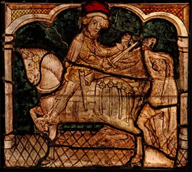 Viser St. Martin, der deler sin kappe, oprindeligt fra Church of Betton, Bretagne