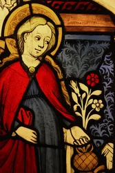 Viser en detalje af Jomfru Maria ved bebudelsen, oprindeligt fra Øvre Rhinen (farvet glas)