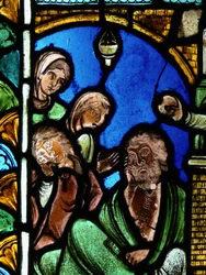 Skildrer en scene fra St Nicholas Life, ex Troyes Cathedral: helgenen efterlader penge til en mand og forhindrer dermed hans døtre i at gå i prostitution