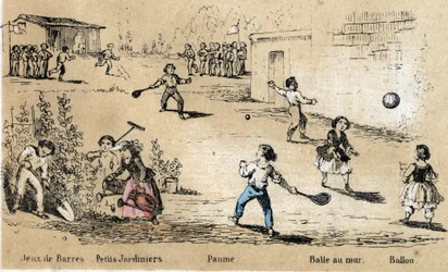 Beskrivelse af børns fritid og spil: bold- og boldspil (bold til væggen, palmespil) og havearbejde. Tavle "" les jeux de l