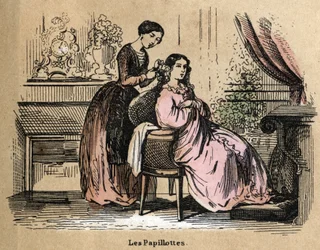 Beskrivelse af de forskellige produkter og anvendelser af papir: folier, stykker papir, der bruges til at adskille hår med tørretumblere. Tavle "" Le papier et ses produits"" i "" les Recreations instructives"" Synoptisk maleri af Jules Delbruck, gravering
